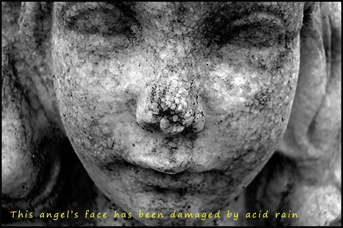 Statue of an angel's face eroded by acid rain.
